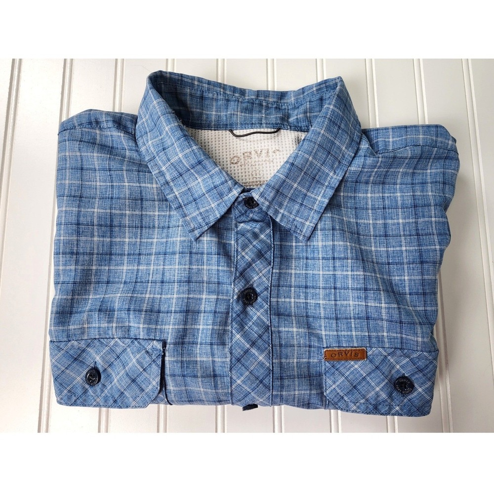 Orvis Mens Plaid Button Down Shirt Mens XL Blue Short Sleeve Breathable Gorpcore - Picture 9 of 9